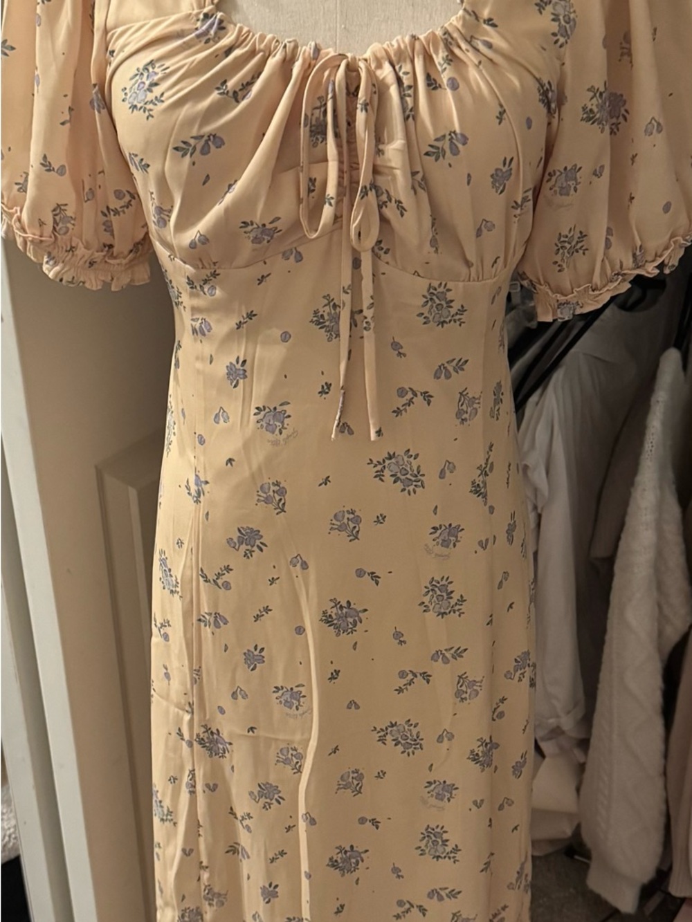 Cream Floral Puff-Sleeve Midi Dress with Drawstring Neckline